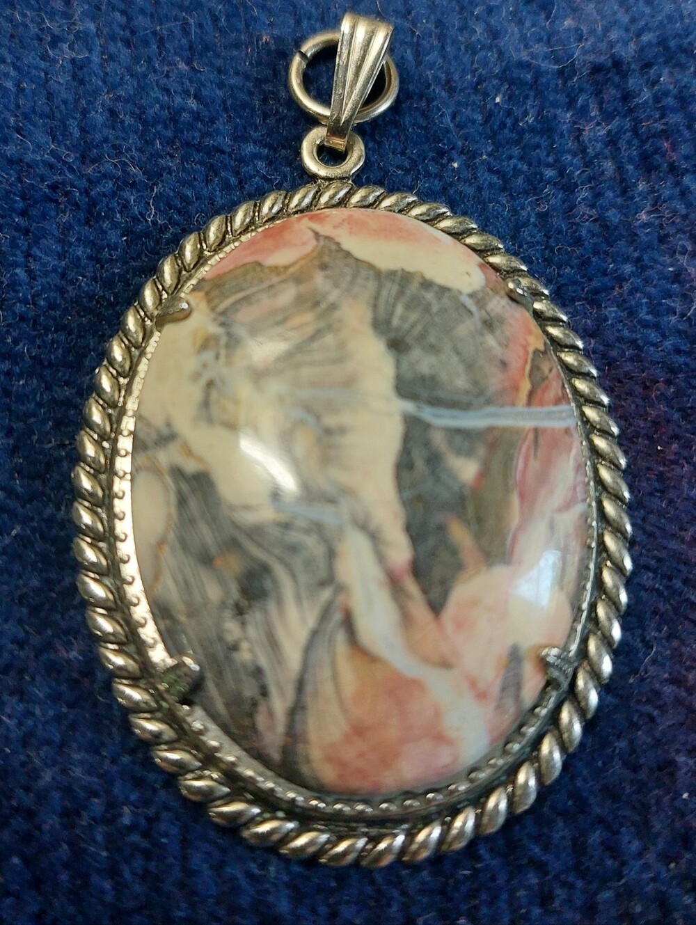 Vintage Silver Tone Oval Picture Jasper Cabochon Pendant Statement